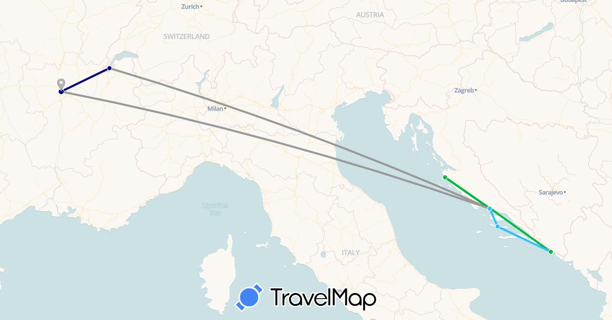 TravelMap itinerary: driving, bus, plane, boat in Switzerland, France, Croatia (Europe)